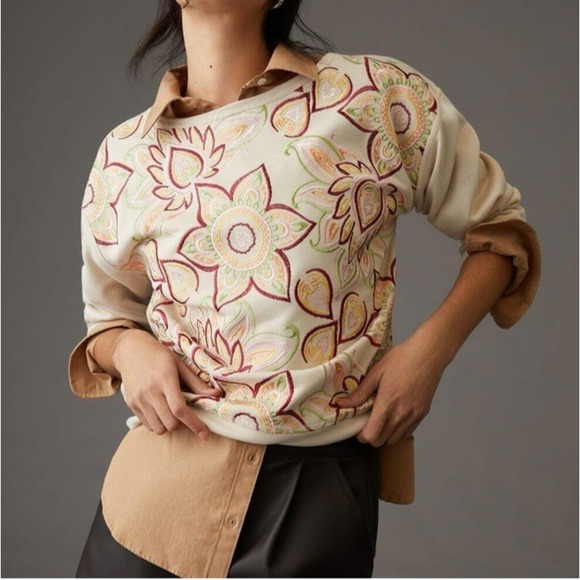 Anthropologie Tiny Helena Embroidered Floral Pullover Sweatshirt XS Bohemian - Picture 1 of 12